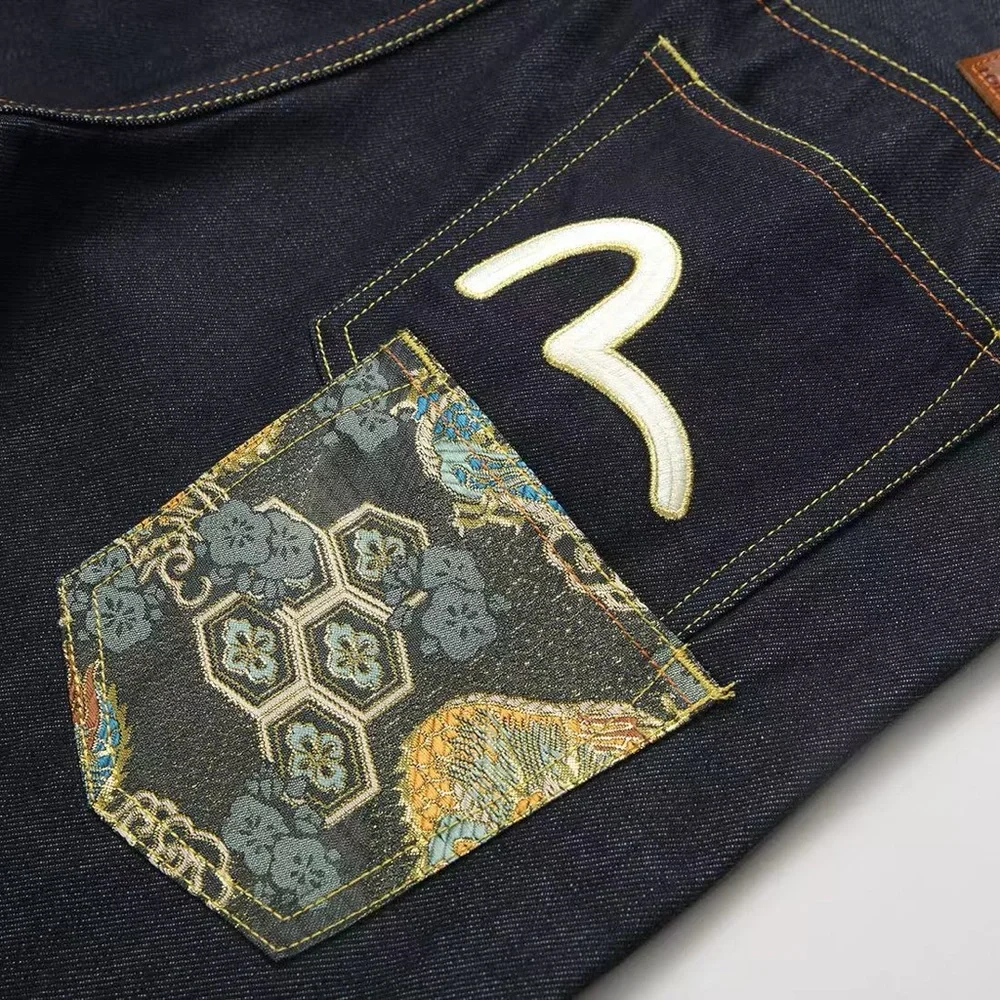 Evisu Dark Blue Straight Jeans with Yellow Patch Accents